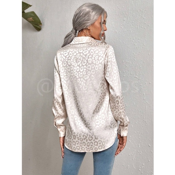 Leopard Print Satin Cream Button Down Long Sleeve Shirt - Picture 5 of 7